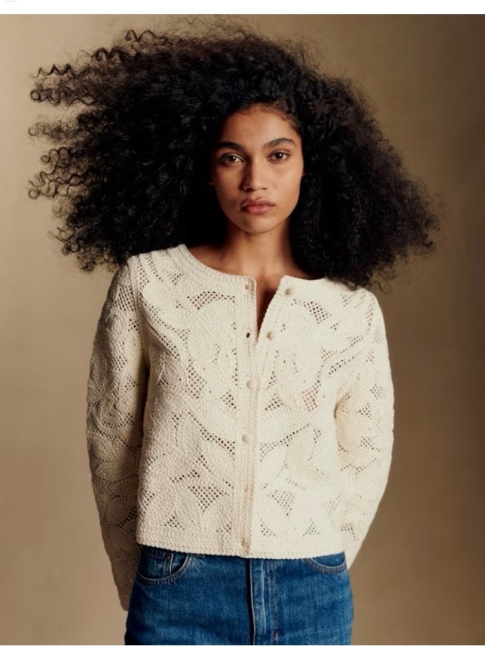 Sezane Nora Cardigan - Cream Crochet Button-Up Cardigan